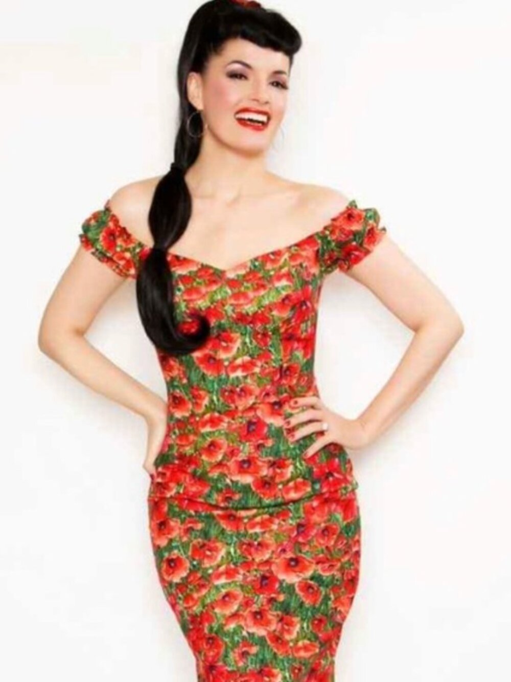 RARE Bernie Dexter Scarlet Green & Red Poppy Floral Print Pinup Wiggle Dress -XS